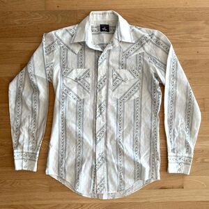 Vintage Pearl Snap Western Shirt White & Blue Floral Stripe Men's Size M 15.5-35